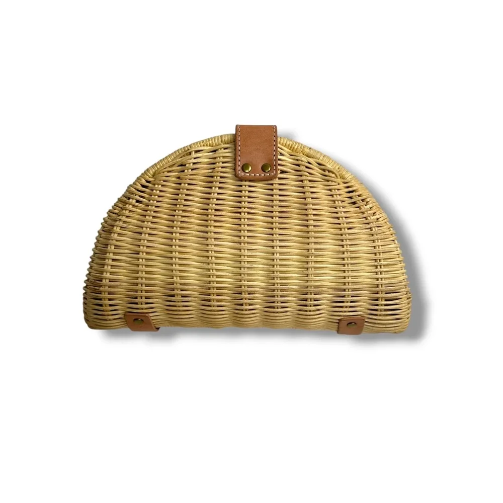 J.Crew Clutch Women OS Tan Woven Fan Rattan Leather Trim Half Moon